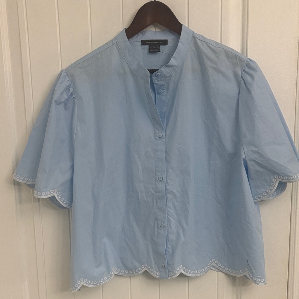 French Connection Light Blue Scalloped Button-Front Blouse